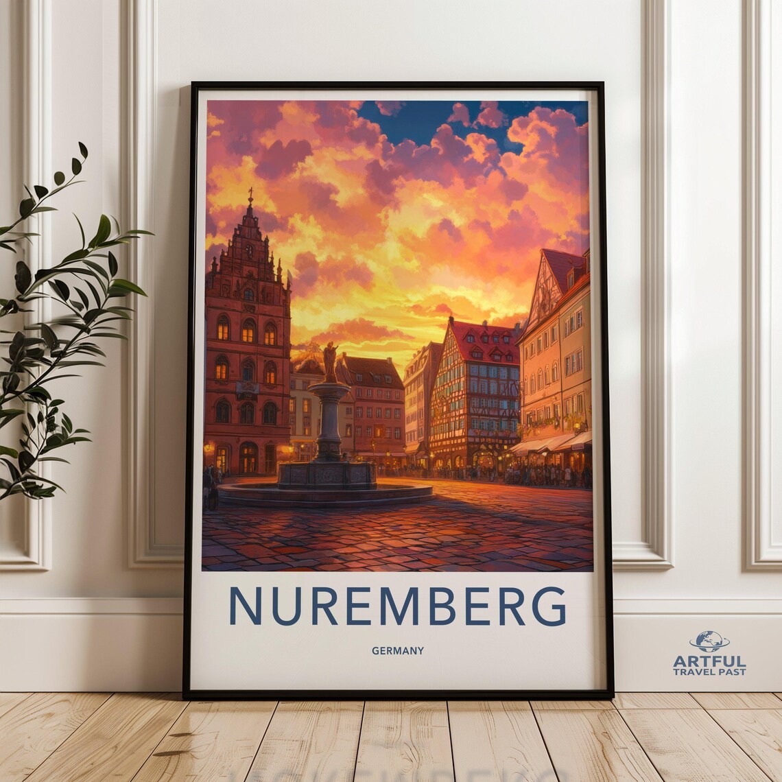 Nuremberg Germany Old Town Square Sunset Vintage Travel Poster