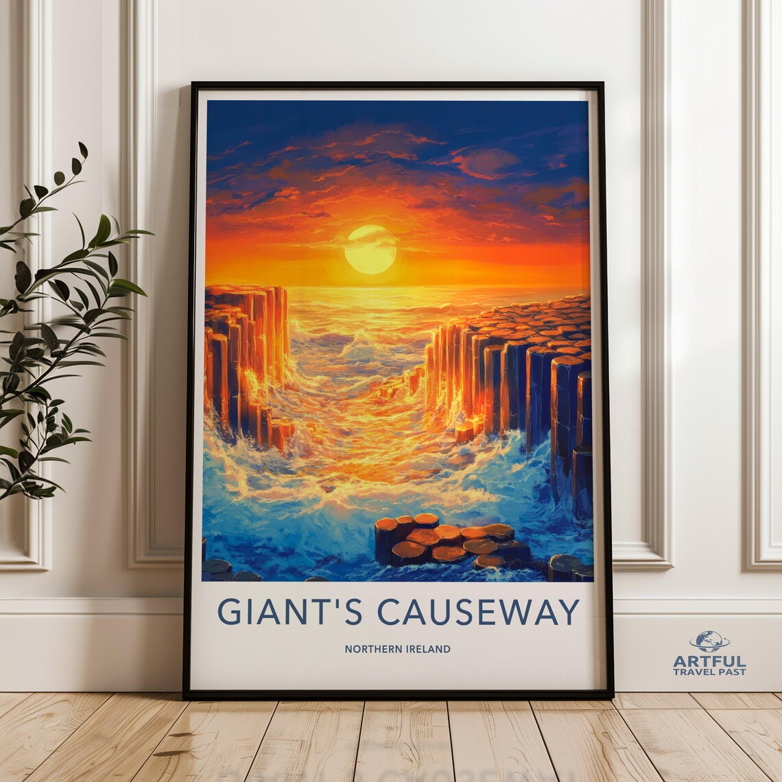 Giants Causeway Sunset Northern Ireland Basalt Columns Travel Poster