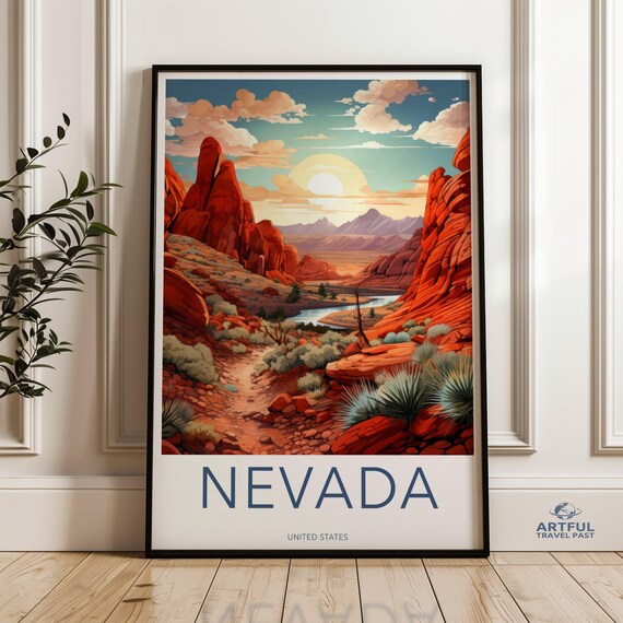 Nevada Red Rock Desert Canyon Sunset Retro Travel Art Poster