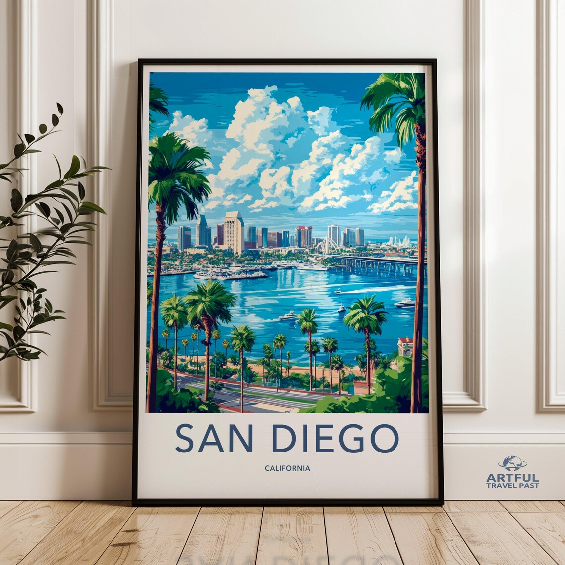 San Diego California Harbor Palms Skyline Vintage Travel Style Poster