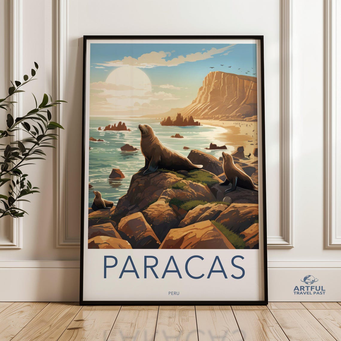 Paracas Peru Sea Lions on Rocky Cliffs Ocean Wildlife Travel Poster