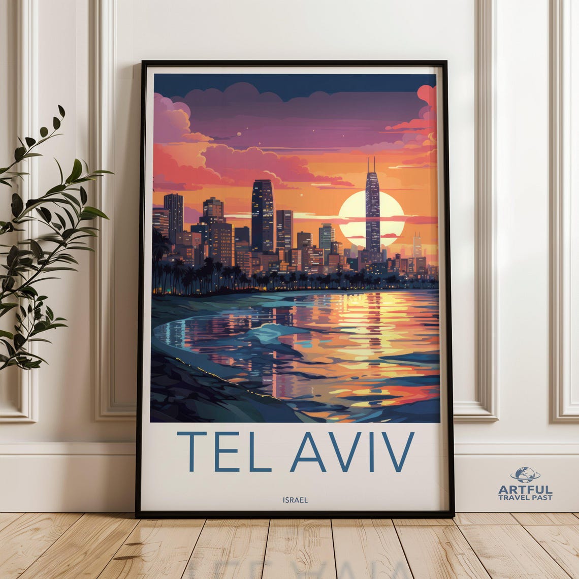 Tel Aviv Israel Sunset Beach Skyline Coastline Travel Poster