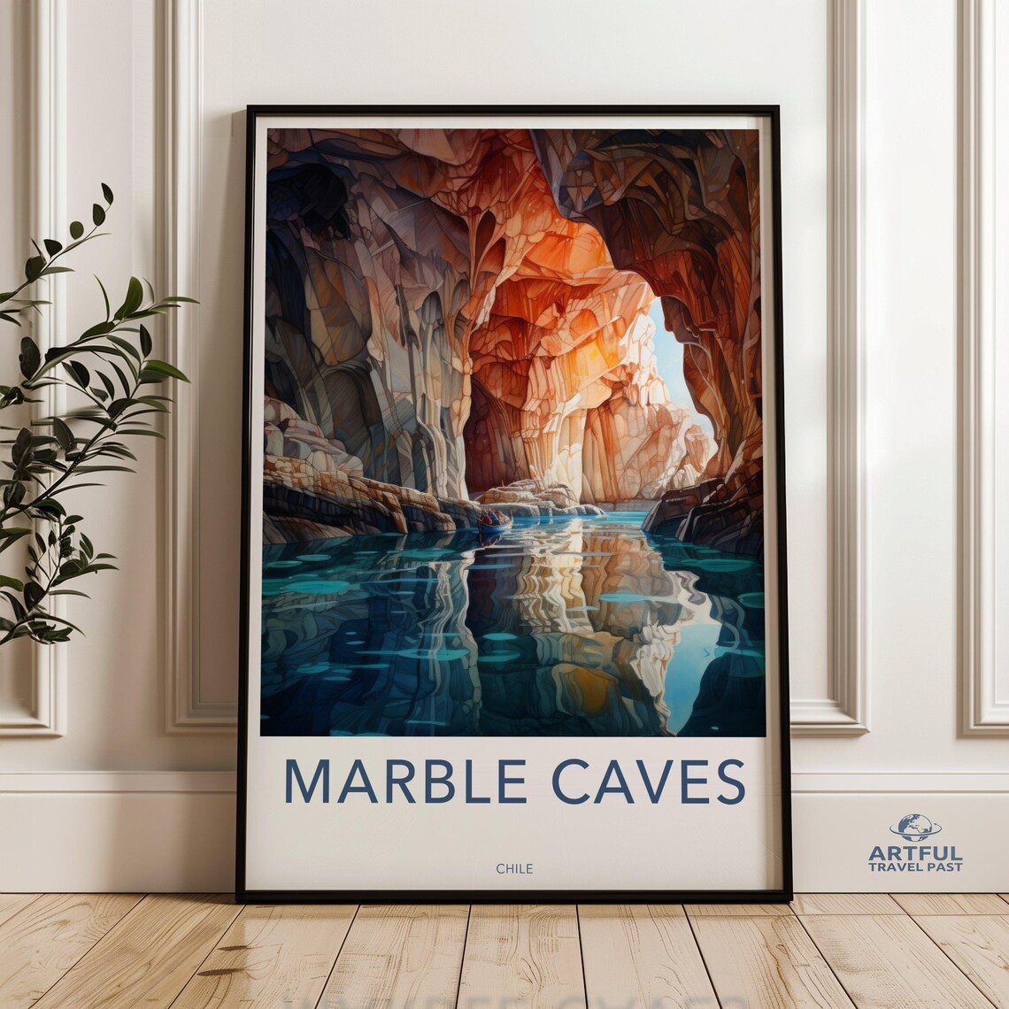 Marble Caves Chile Vintage Travel Poster Turquoise Water Cave Reflection