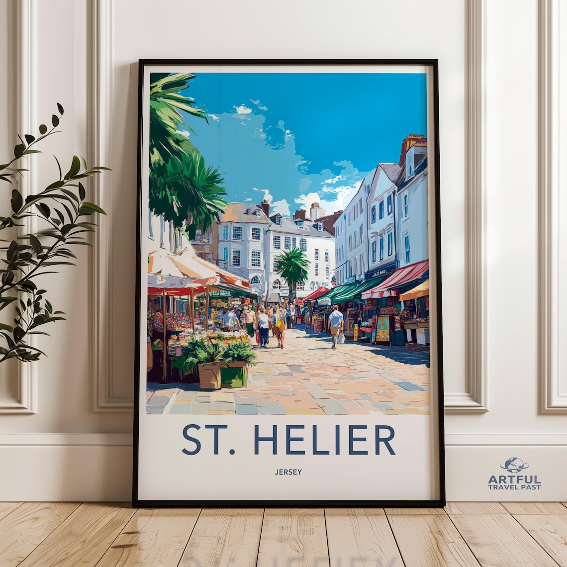 St Helier Jersey Travel Poster, Street Market Scene