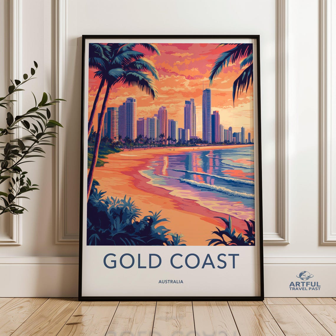 Gold Coast Australia Beach Skyline Sunset Palm Trees Travel Poster
