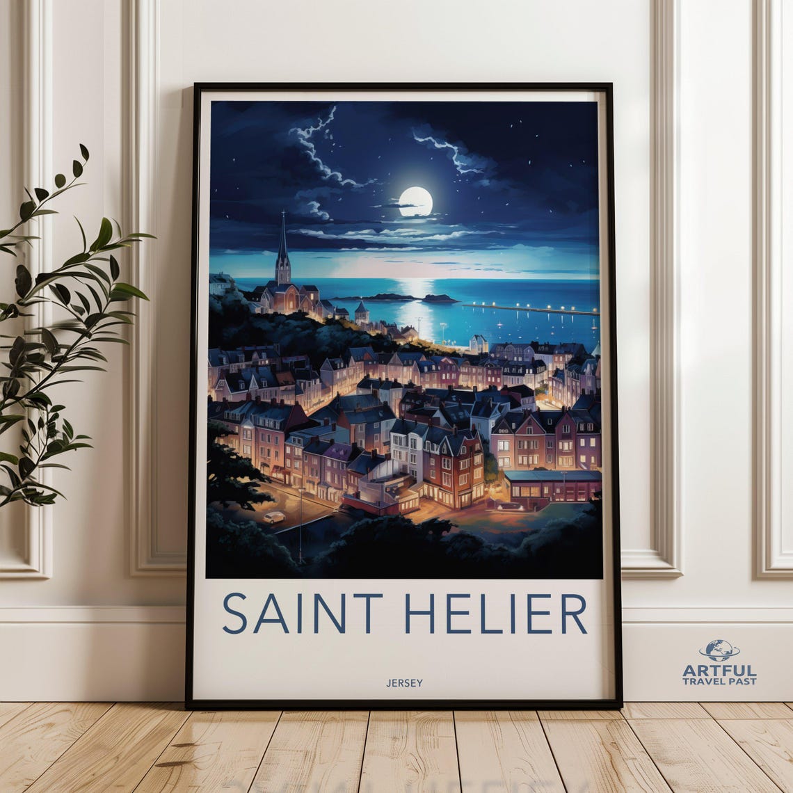 Saint Helier Jersey Moonlit Harbor Night Channel Travel Poster