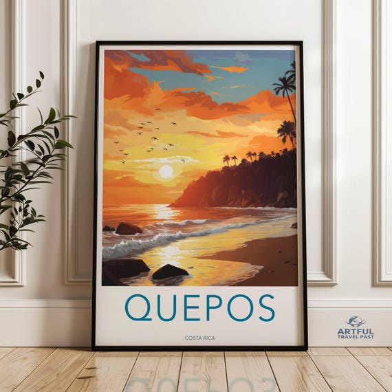 Quepos Costa Rica Wall Art Sunset Beach Poster Tropical Coastal Decor Scenic Ocean View Print Colorful Caribbean Landscape