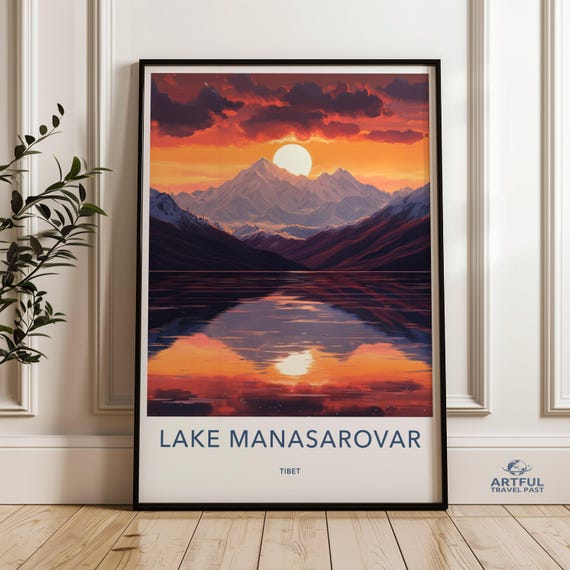Lake Manasarovar Sunset Poster Scenic Mountain Wall Art Tibetan Landscape Decor Reflective Water View Himalayan