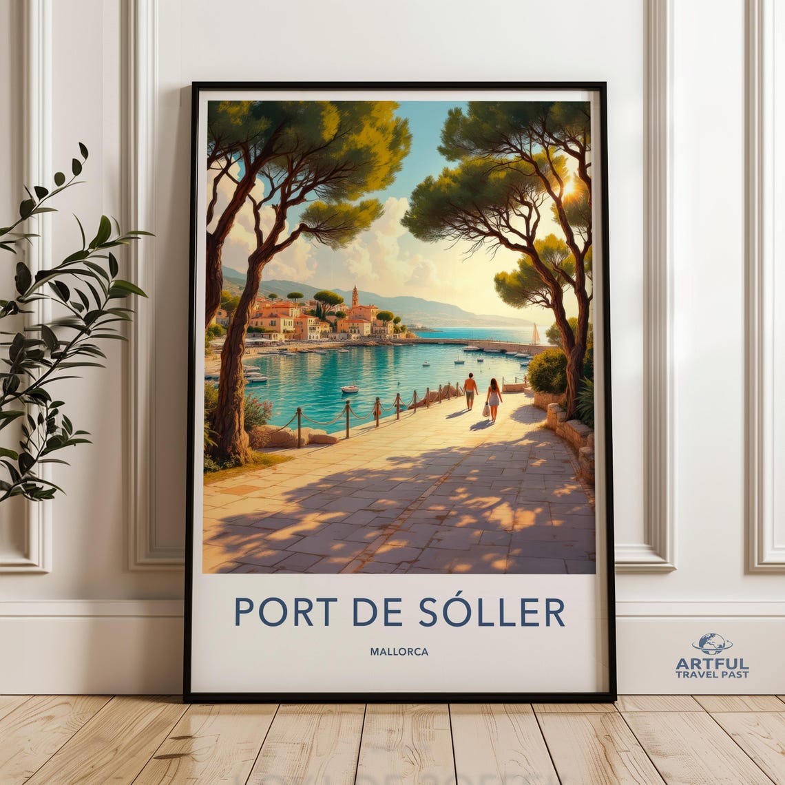 Port de Soller Mallorca Travel Poster Coastal Harbor Sunset Scene