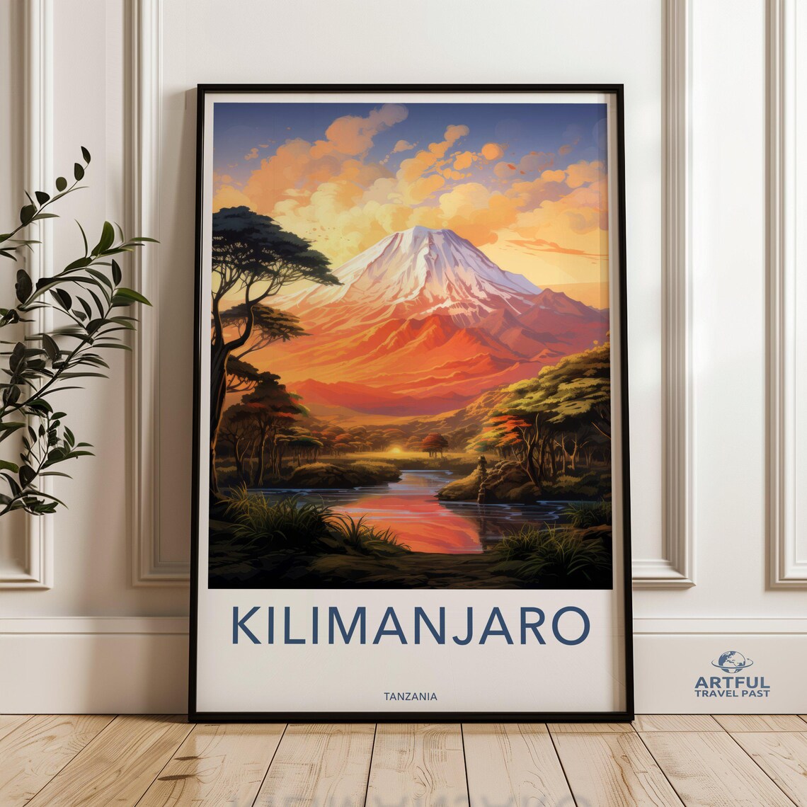 Kilimanjaro Tanzania Sunset Travel Poster Snowy Peak Mountain Lake Art