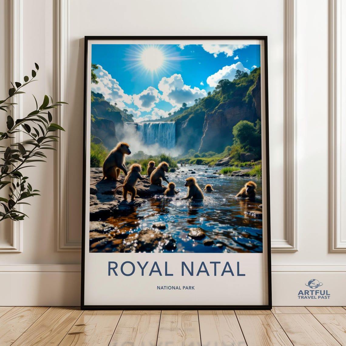 Royal Natal National Park Poster Baboons Waterfall Sunshine Scene