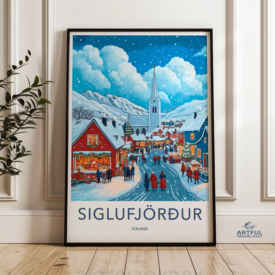 Siglufjordur Iceland Snowy Village Church Christmas Travel Poster