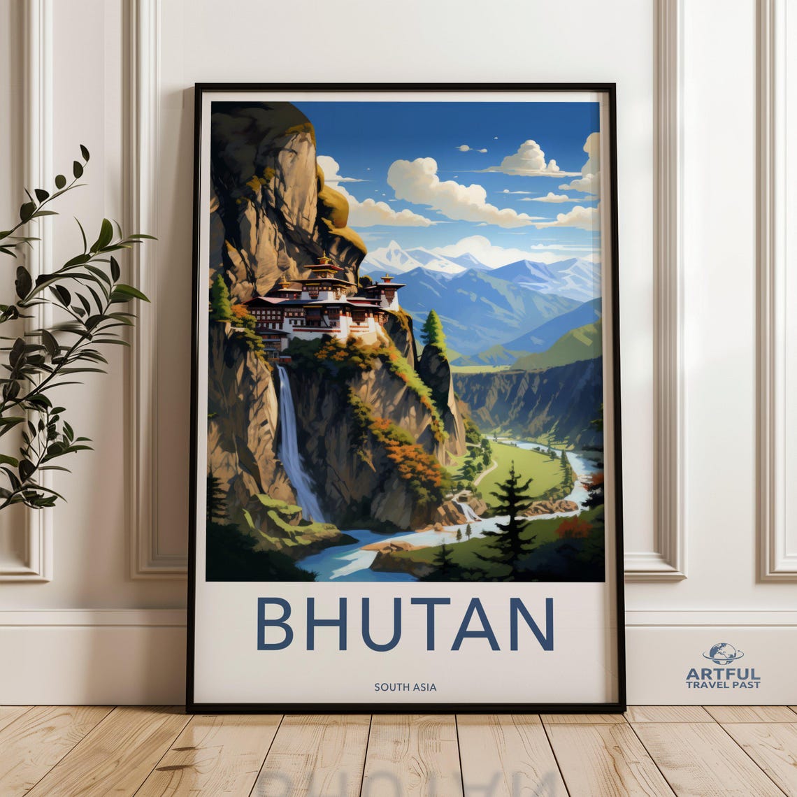Majestic Bhutan Cliff Monastery Waterfall South Asia Travel Poster