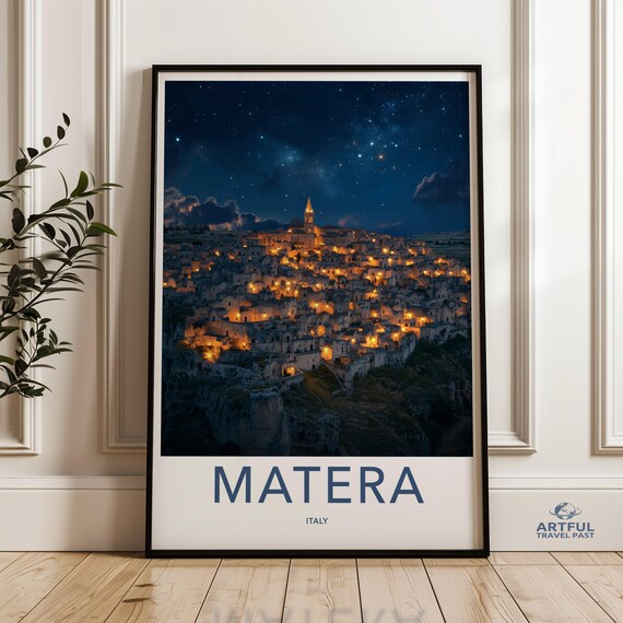 Matera Italy Nightscape Wall Art Italian City Skyline Print Starry Night Poster Illuminated Cityscape