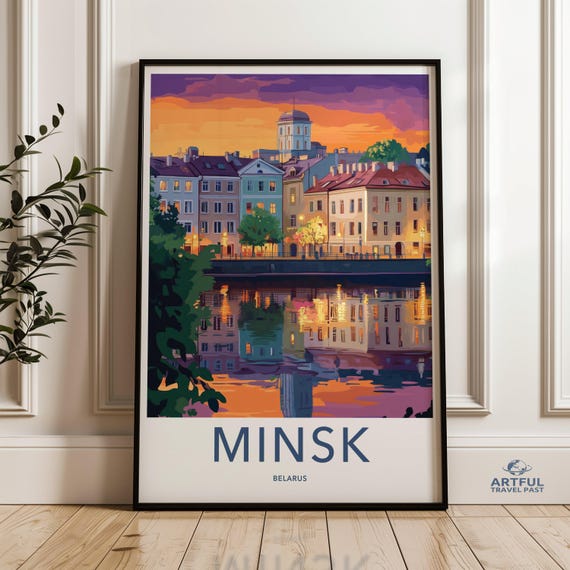Cityscape Of Minsk Wall Art Belarus Travel Poster Decor Sunset Reflection Print European City Artwork Vibrant Landscape