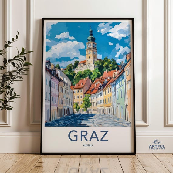 Graz Austria Wall Art Cityscape Print European Travel Poster Colorful Street View Historic Architecture Decor Lover Gift
