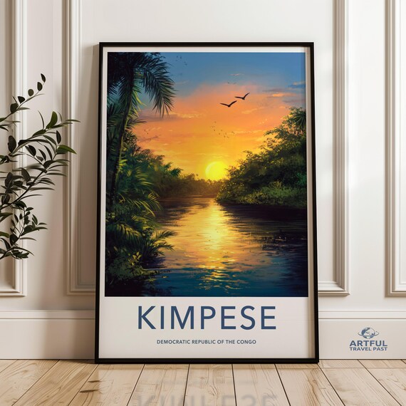 Kimpese Congo Tropical River Sunset Golden Vintage Travel Poster