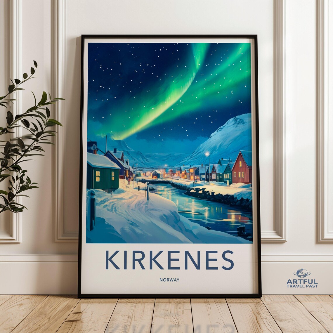 Kirkenes Norway Northern Lights Snowy Winter Town Travel Poster