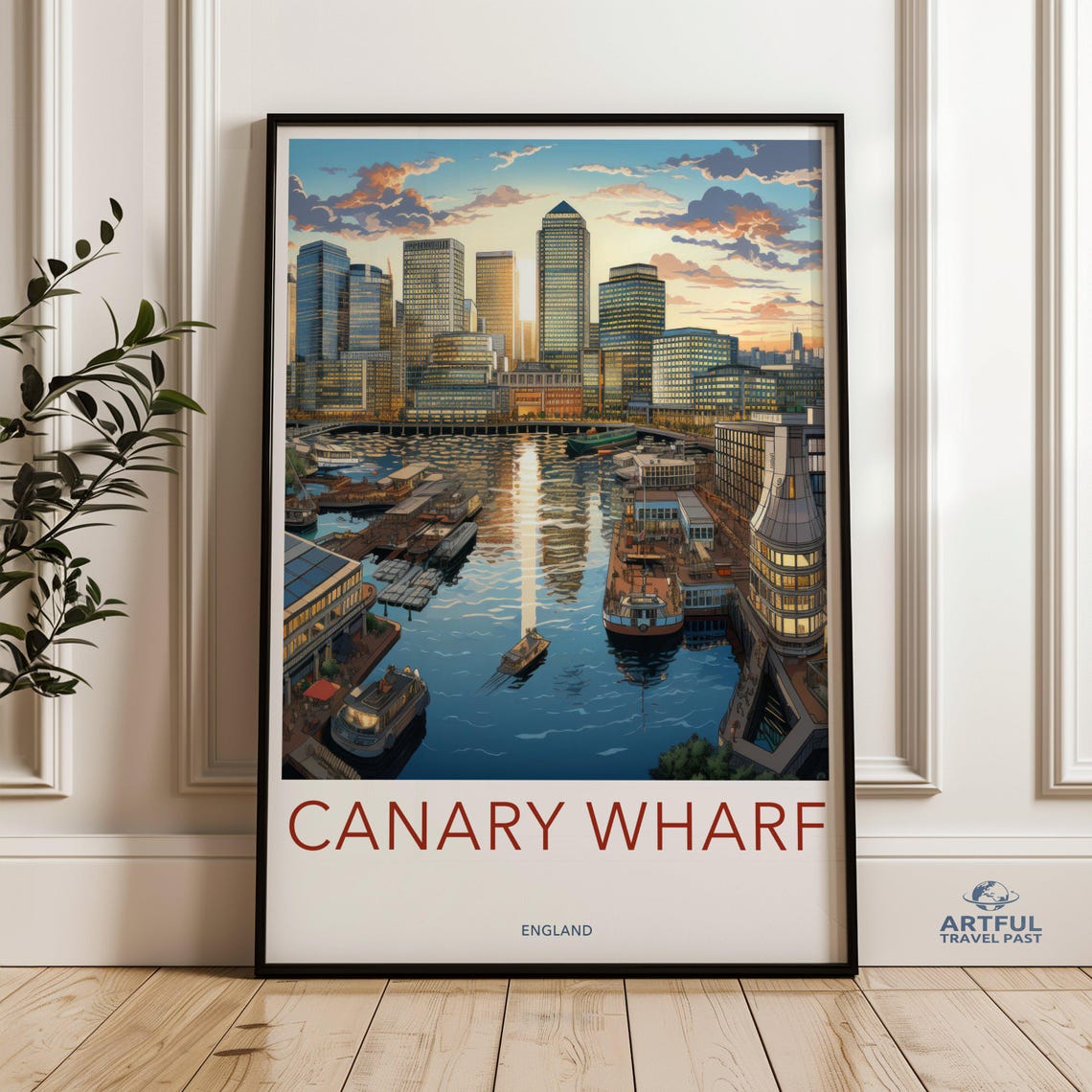 Canary Wharf England Thames Docklands Skyline Evening Travel Poster
