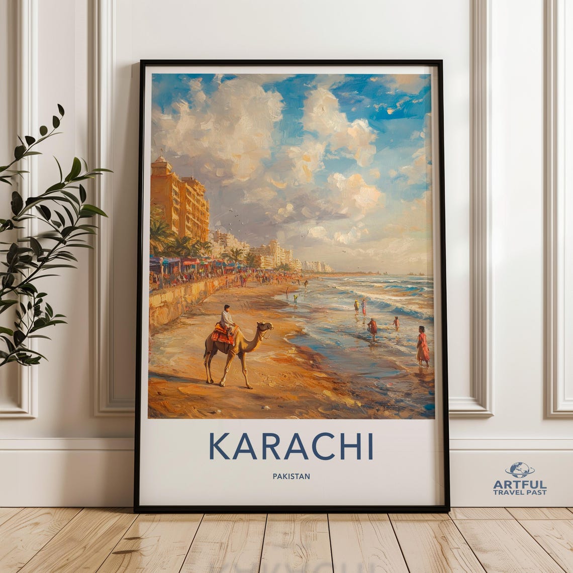 Karachi Pakistan Beach Camel Seaside Promenade Painterly Travel Poster