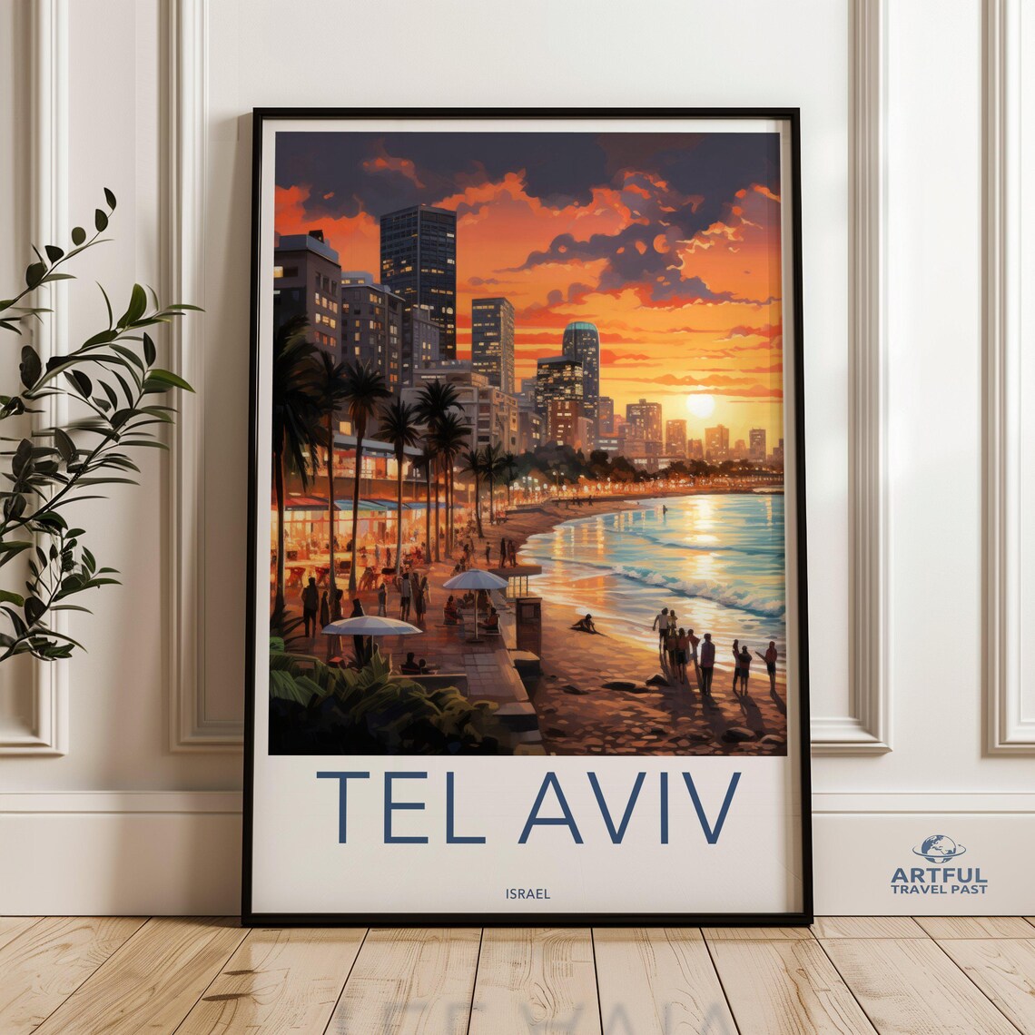 Tel Aviv Israel Sunset Skyline Beach Vintage Travel Art Poster