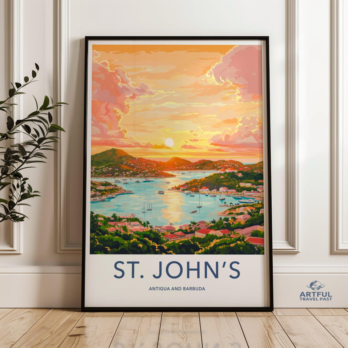 St John's Antigua And Barbuda Sunset Harbor Travel Poster Vintage