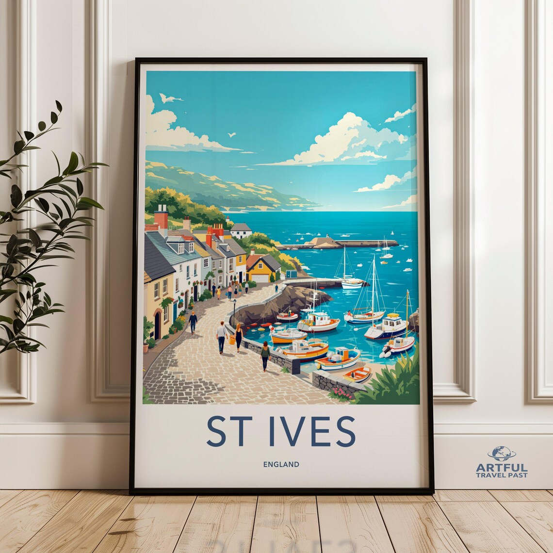 St Ives England Harbor Sailboats Cobblestone Street Travel Poster