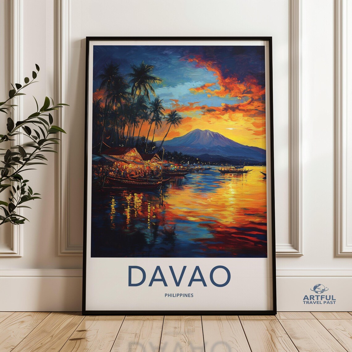 Davao Philippines Sunset Harbor Travel Poster with Palm Trees Boats