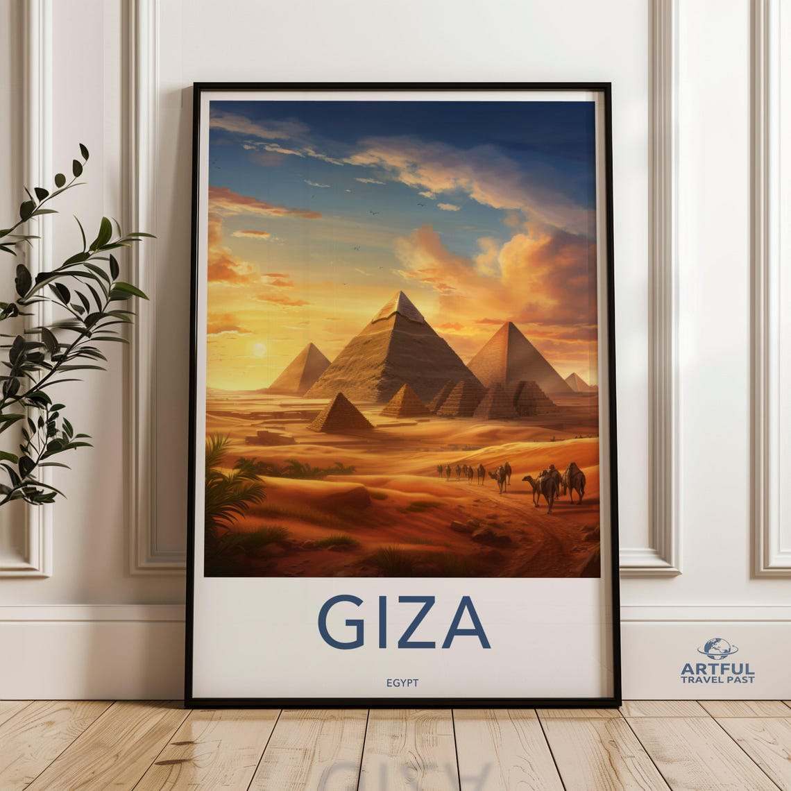Giza Egypt Great Pyramids Sunset Camel Caravan Travel Poster