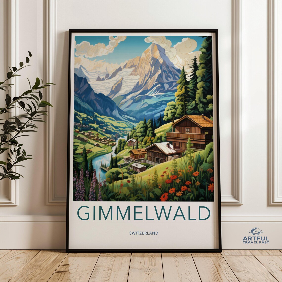Gimmelwald Switzerland Alpine Village Chalets Mountain Travel Poster