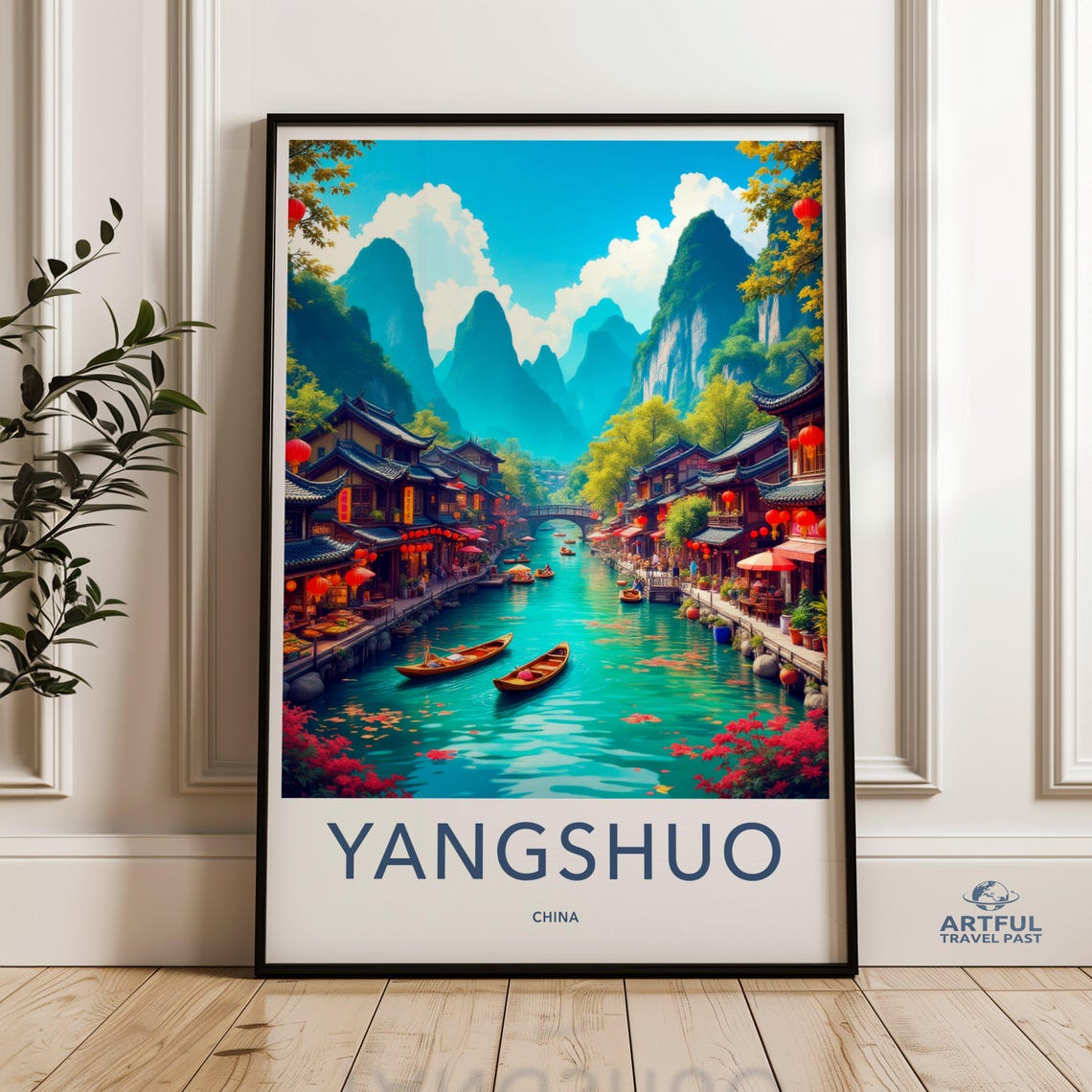 Yangshuo China Vintage Travel Poster Karst Mountain River Lantern Town