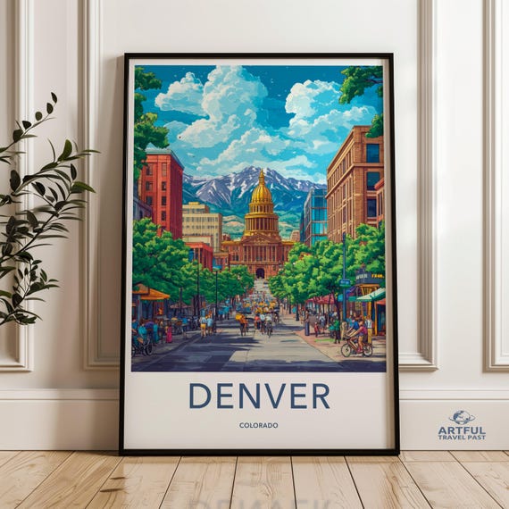 Denver Colorado Wall Art Cityscape Print Travel Poster Colorful Building Illustration Golden Dome Mountain Artwork Home Decor