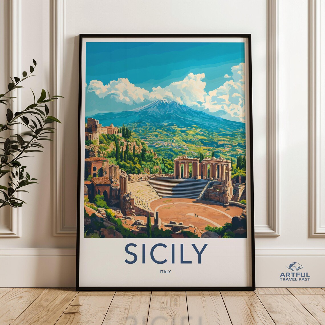 Sicily Italy Ancient Theatre Mount Etna Scenic Travel Poster