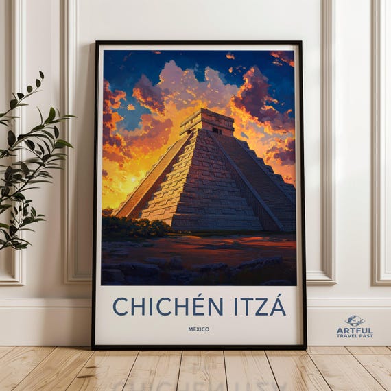 Chichen Itza Wall Art Mexico Pyramid Canvas Print Ancient Wonder Of The World Travel Poster Sunset Illustration Decor