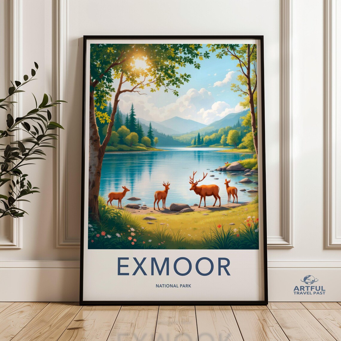Exmoor National Park Deer By The Lake Vintage Travel Style Poster