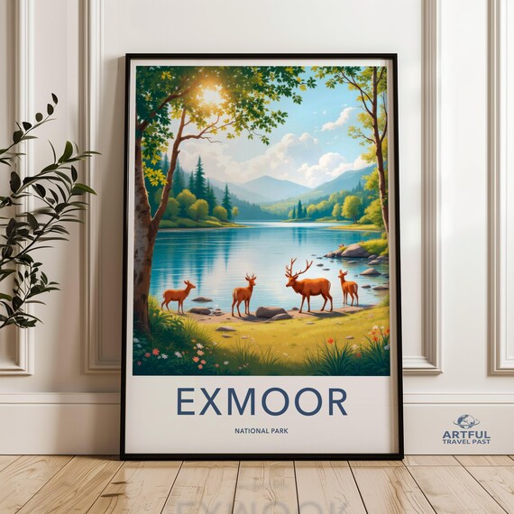 Exmoor National Park Deer By The Lake Vintage Travel Style Poster