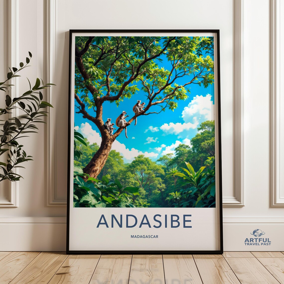 Andasibe Madagascar Lemurs in Tree Lush Jungle Vintage Travel Poster