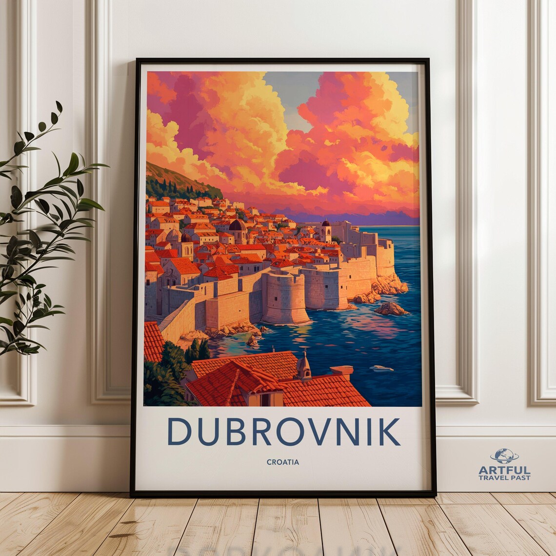 Dubrovnik Croatia Travel Poster Old Town Walls Sunset Adriatic Sea Art