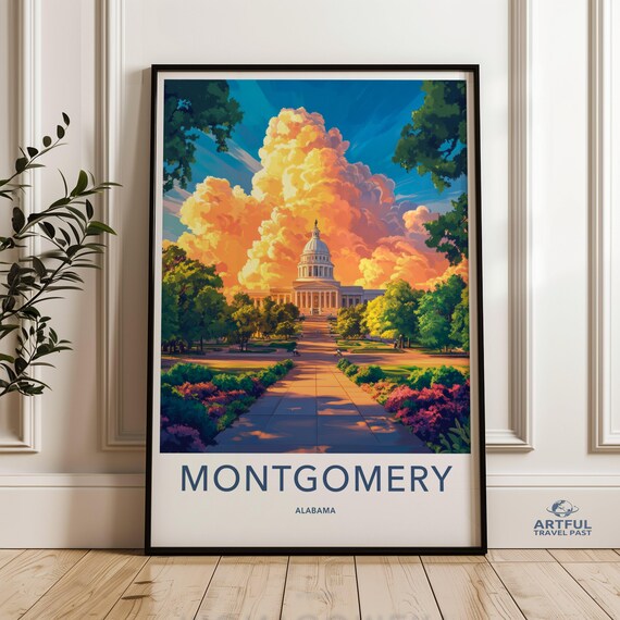 Montgomery Alabama Vintage Travel Poster State Capitol Sunset Art