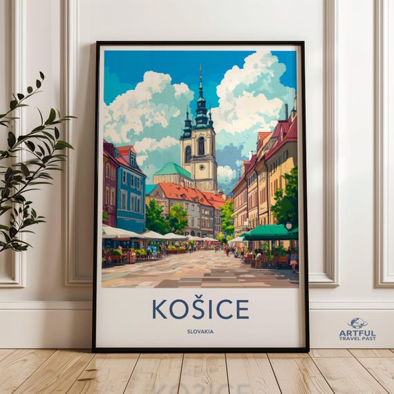 Kosice Slovakia Wall Art European Cityscape Print Travel Poster Cathedral Architecture Colorful Building Vintage Style Home Decor