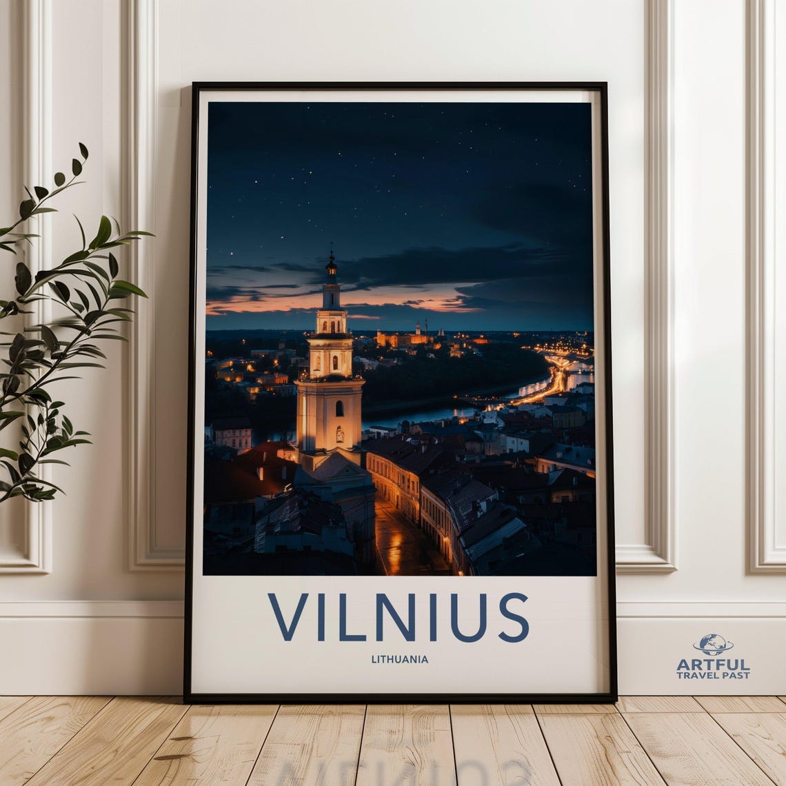 Vilnius Lithuania Old Town Bell Tower At Night Cityscape Poster