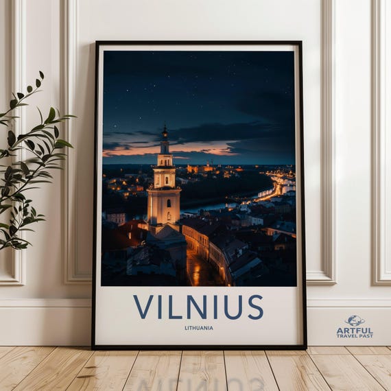 Vilnius Cityscape Night View Wall Art Lithuania Travel Print City Lights Decor Skyline Poster European
