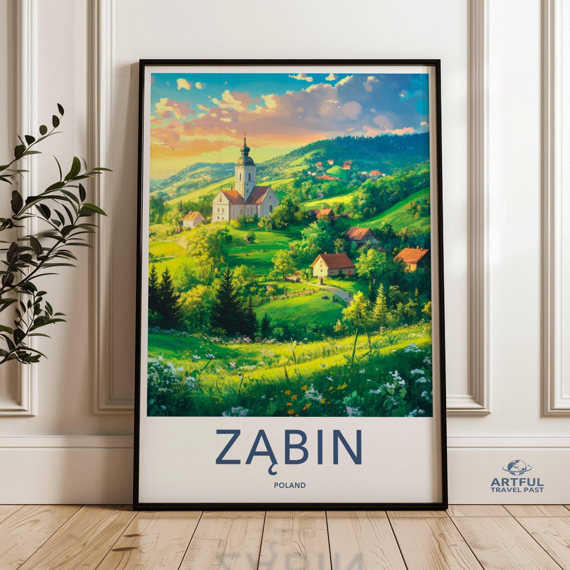 Zabin Poland Village Church Sunset Poster Green Rolling Hills