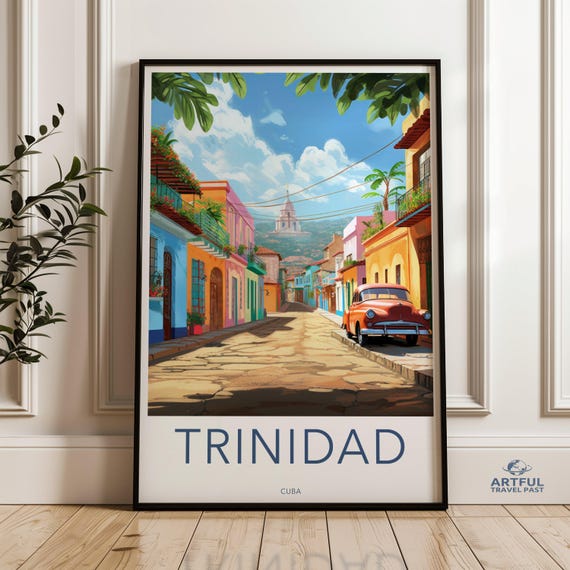Vibrant Wall Art Trinidad Street Colorful Houses Vintage Car Cuban Cityscape Print Travel Decor Home Office