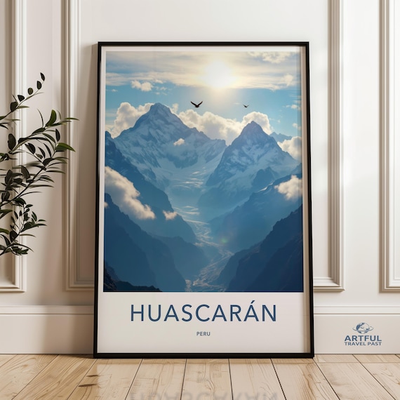 Huascaran Peru Travel Poster Snow Capped Andes Peaks with Soaring Birds