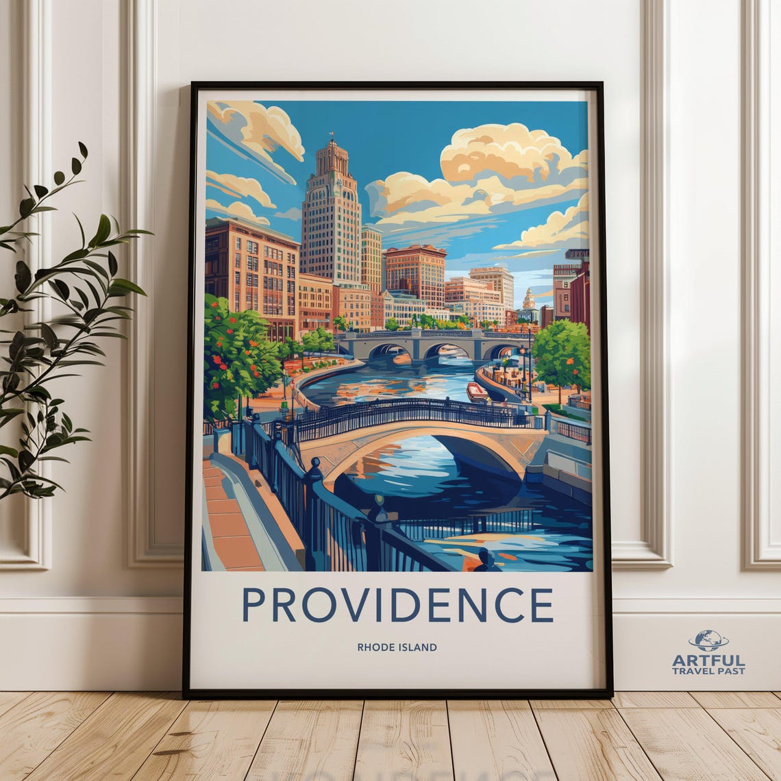 Providence Rhode Island Downtown River Bridge Scenic Travel Poster