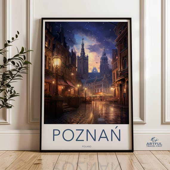 Pozna Night Cityscape Wall Art Historic Old Town Print Poland Travel Poster European Architecture Decor City Lights Artwork
