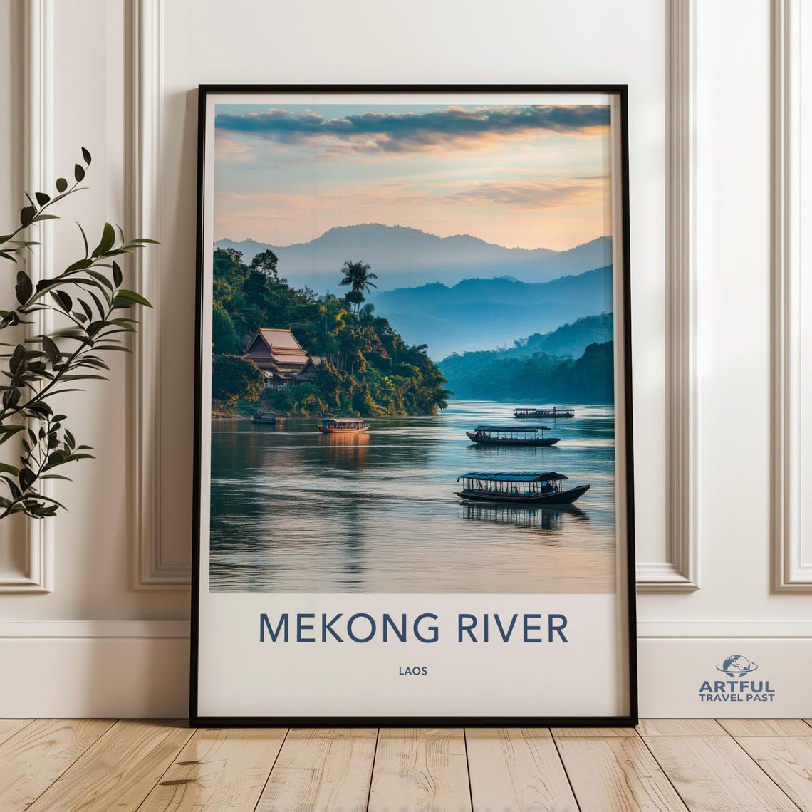 Mekong River Laos Longtail Boats Mountain Sunset Travel Poster