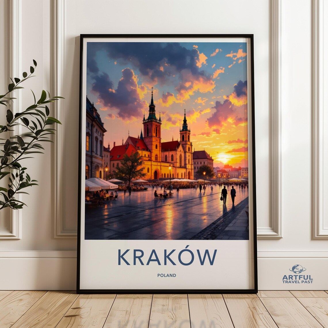 Krakow Poland Golden Sunset Old Town Church Square Travel Poster