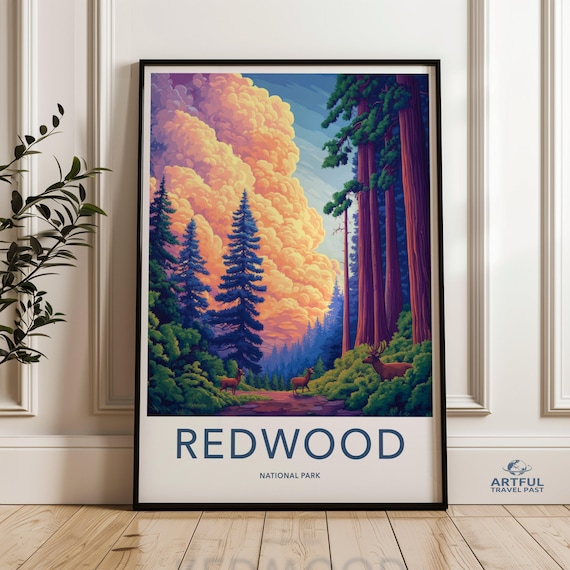 Redwood National Park Ancient Forest Deer Vintage Travel Poster